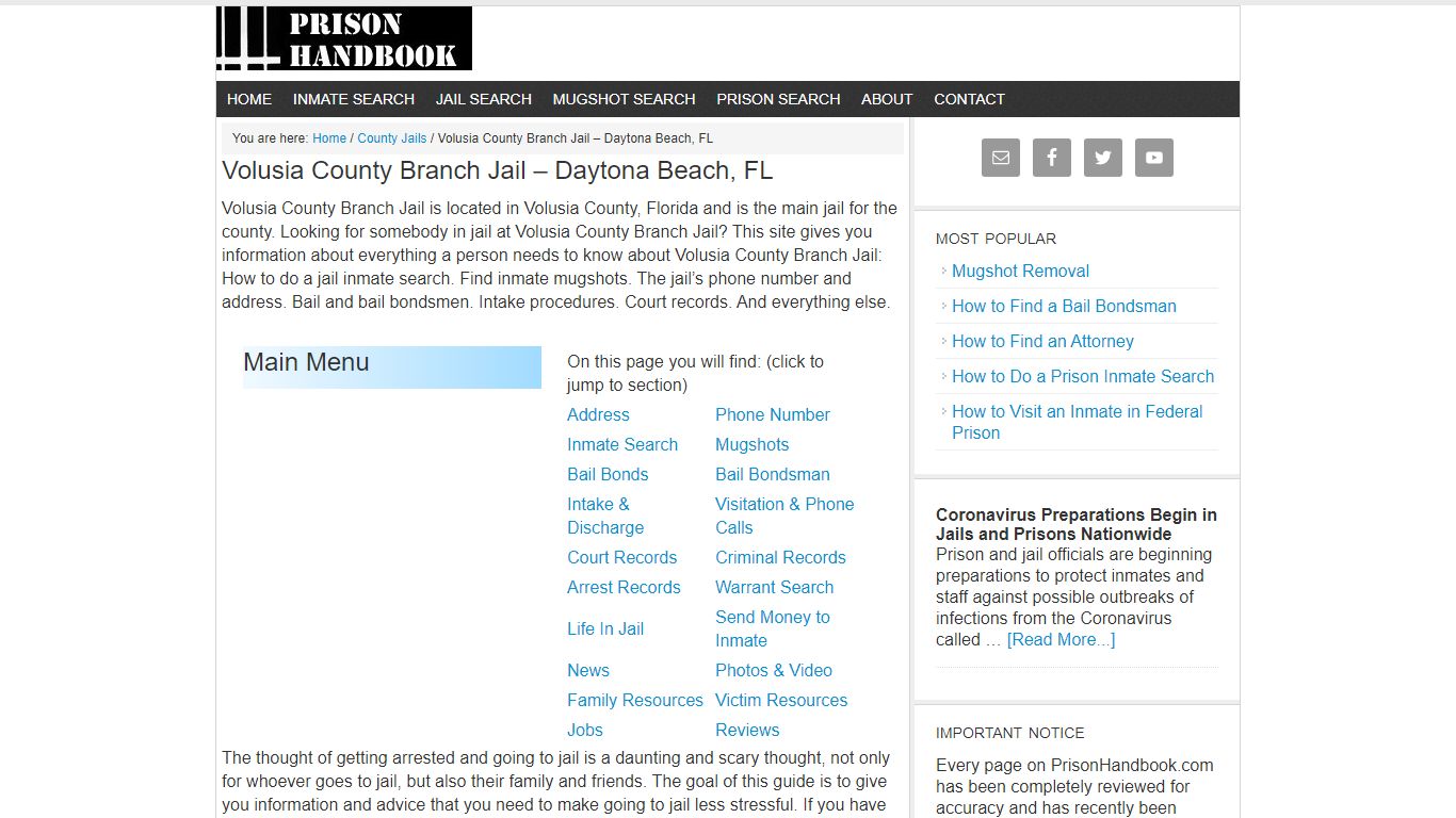 Volusia County Branch Jail – Daytona Beach, FL - Prison Handbook